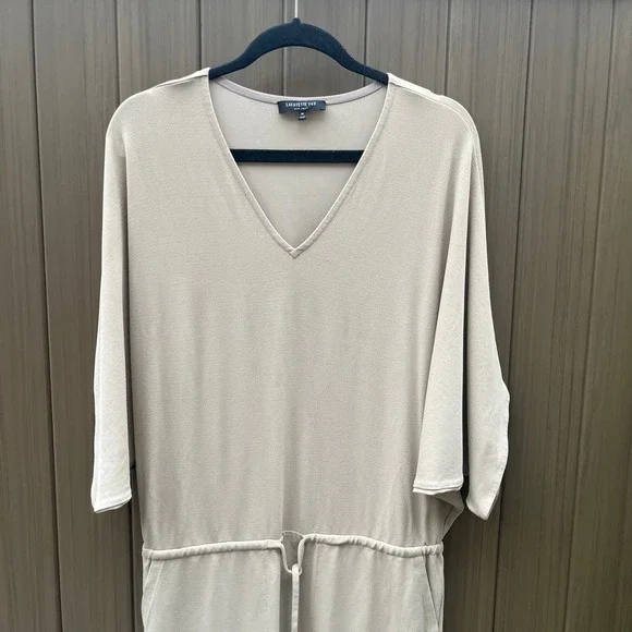 Lafayette 148 New York Drawstring Waist Dress Medium Beige V-Neck Dolman Pockets - Picture 3 of 12